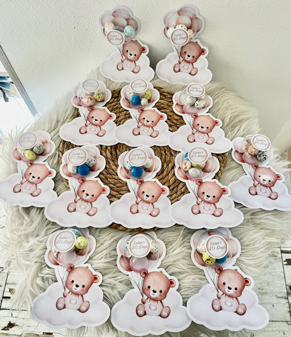 Pink Teddy Bear Cloud Baby 40 Days Favour Card — Bonbon Dome — Chocoodad Baku
