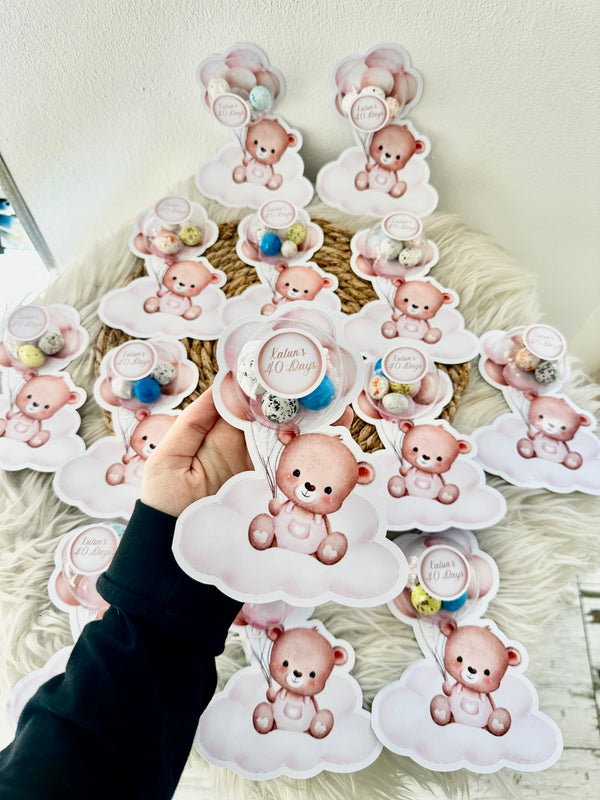 Pink Teddy Bear Cloud Baby 40 Days Favour Card — Bonbon Dome — Chocoodad Baku
