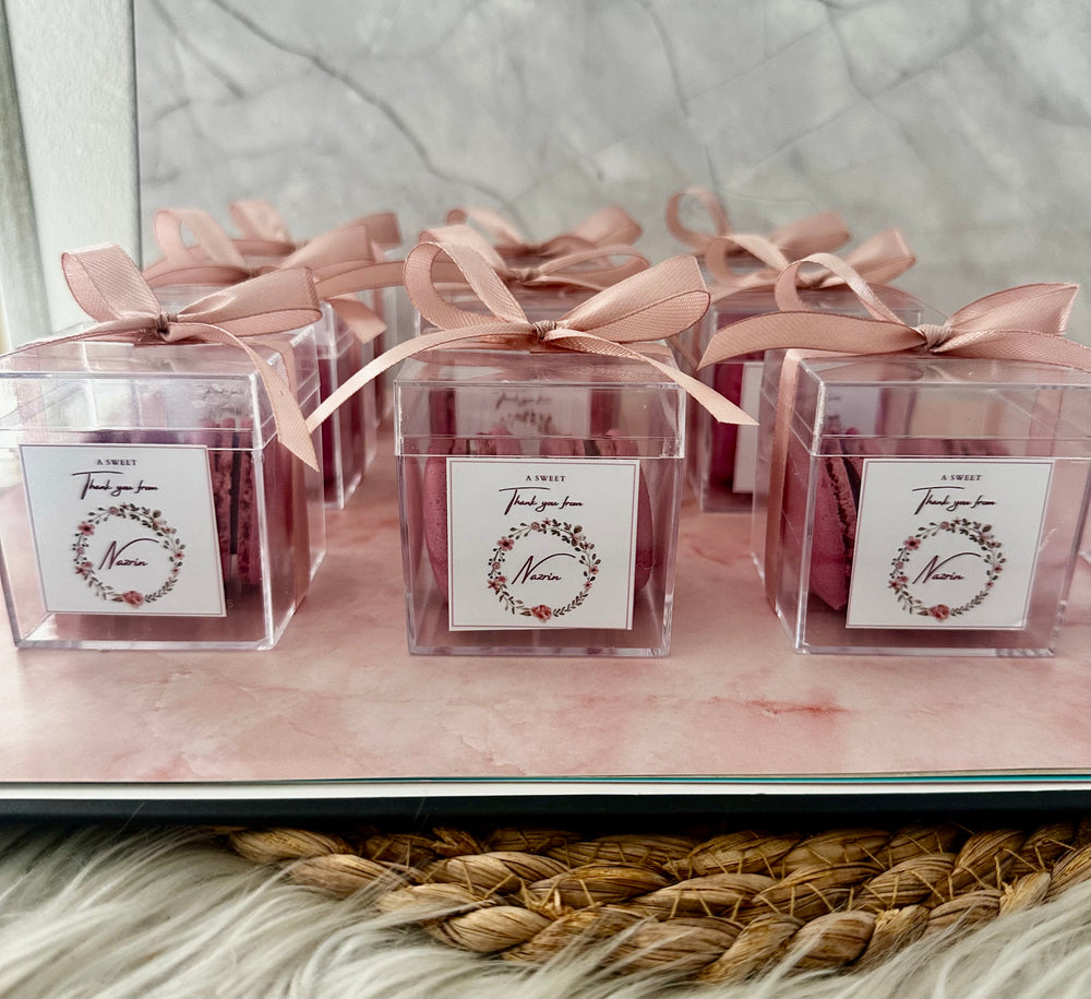 French Macaroon Clear Box Favour — Personalised Ribbon Gift — Chocoodad Baku
