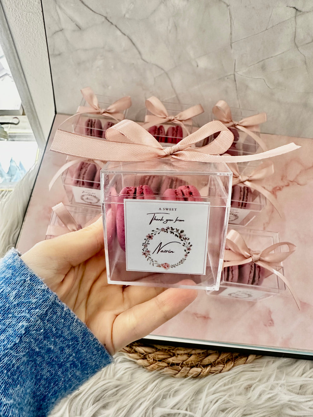 French Macaroon Clear Box Favour — Personalised Ribbon Gift — Chocoodad Baku
