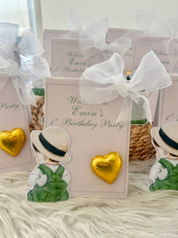 Vintage Boy 1st Birthday Favour Card — Gold Heart Chocolate & Organza Bow — Chocoodad Baku