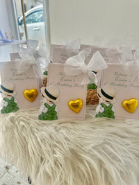 Vintage Boy 1st Birthday Favour Card — Gold Heart Chocolate & Organza Bow — Chocoodad Baku