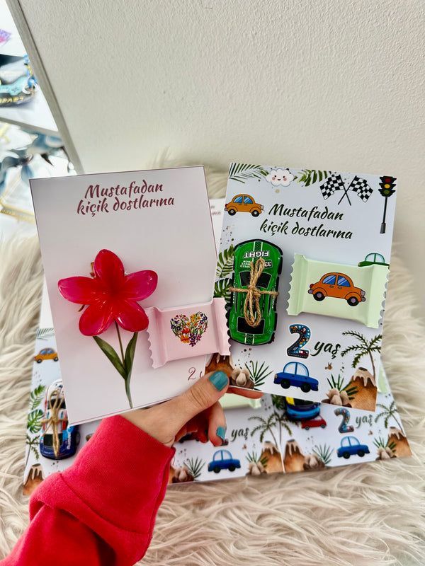 Racing Car & Flower Birthday Accessory Card — Car Toy & Hair Clip Favour — Chocoodad Baku