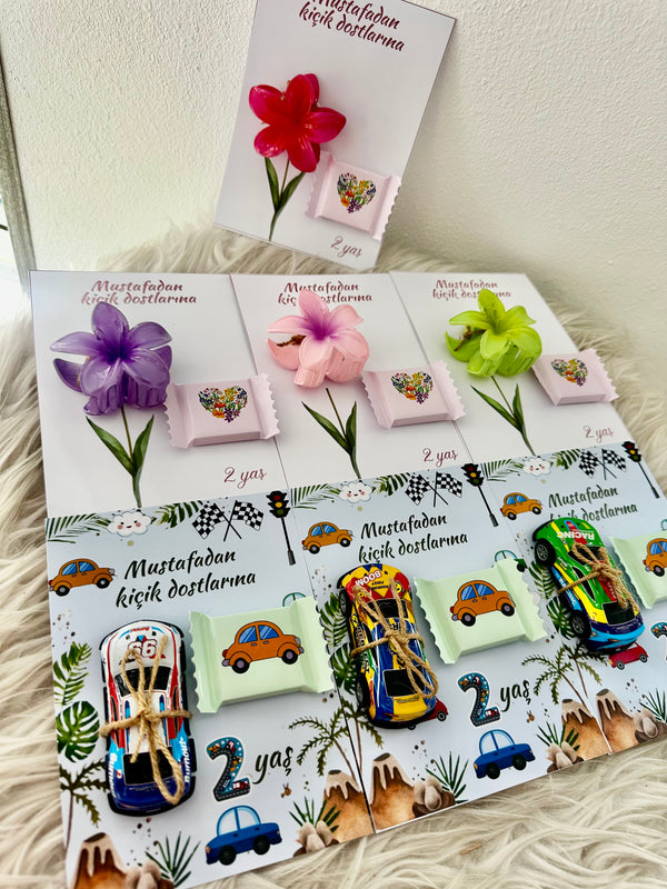 Racing Car & Flower Birthday Accessory Card — Car Toy & Hair Clip Favour — Chocoodad Baku
