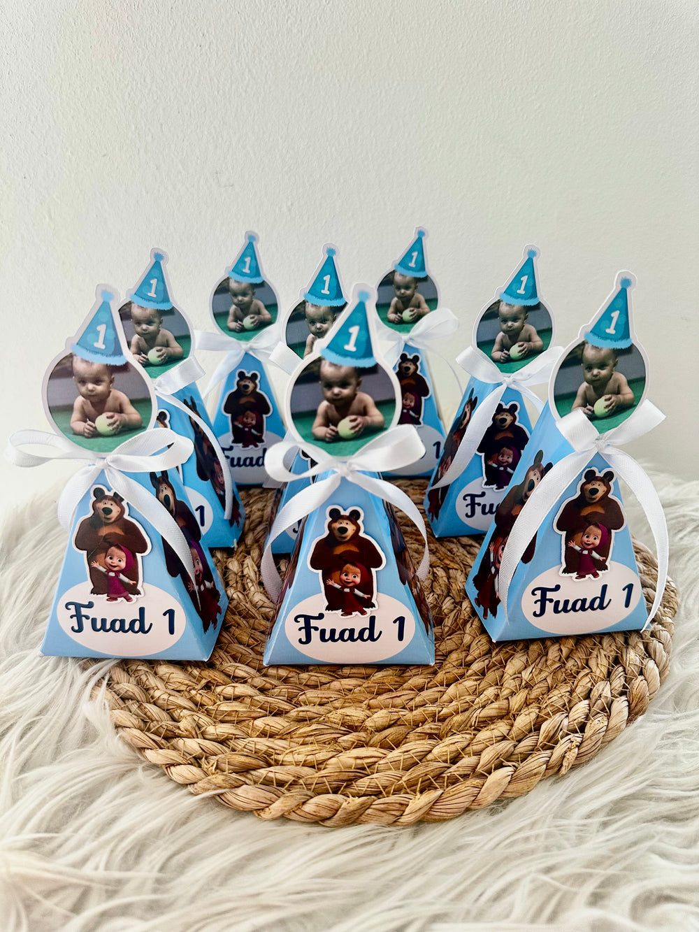 Masha and the Bear 1st Birthday Pyramid Box — Blue Ribbon Favour — Chocoodad Baku
