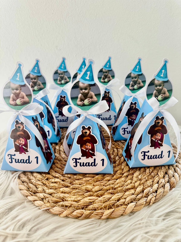 Masha and the Bear 1st Birthday Pyramid Box — Blue Ribbon Favour — Chocoodad Baku