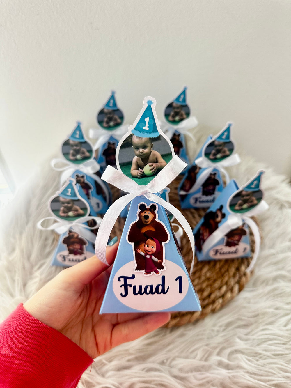 Masha and the Bear 1st Birthday Pyramid Box — Blue Ribbon Favour — Chocoodad Baku