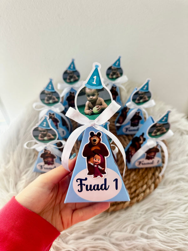 Masha and the Bear 1st Birthday Pyramid Box — Blue Ribbon Favour — Chocoodad Baku
