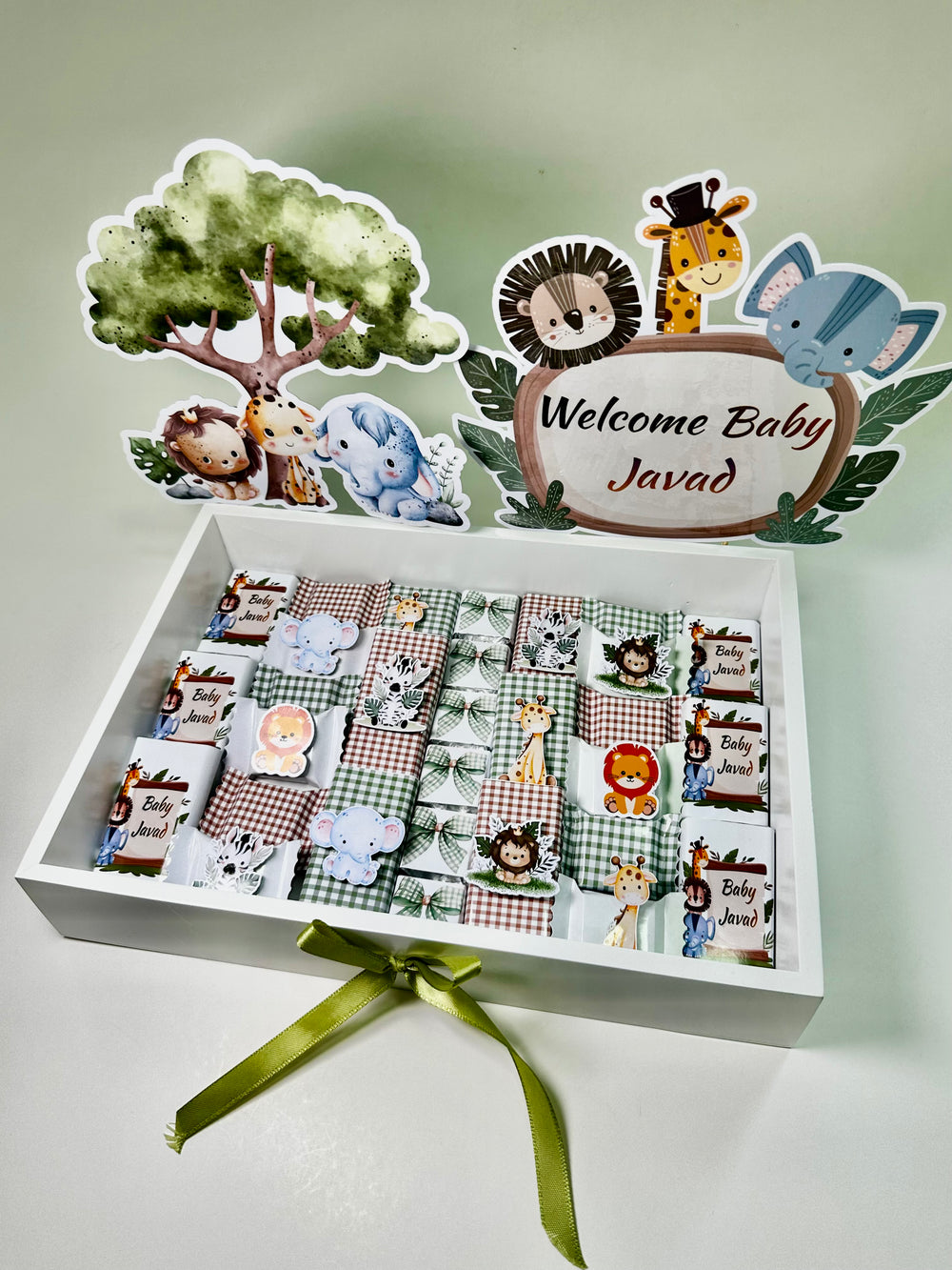 Jungle Safari Welcome Baby Boy Chocolate Box — Green Newborn Gift Set — Chocoodad Baku