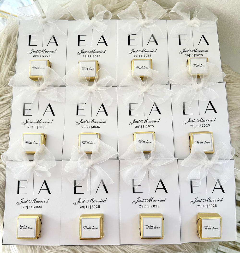 Just Married Monogram Wedding Chocolate Card — Organza Bow Favour — Chocoodad Baku