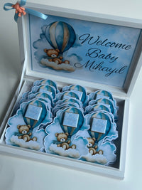 Blue Teddy Bear Hot Air Balloon Newborn Shadow Box — 24 Chocolate Cards & Box — Chocoodad Baku