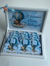 Blue Teddy Bear Hot Air Balloon Newborn Shadow Box — 24 Chocolate Cards & Box — Chocoodad Baku