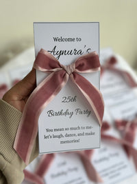 Velvet Bow Birthday Welcome Card — Personalised Guest Favour — Chocoodad Baku