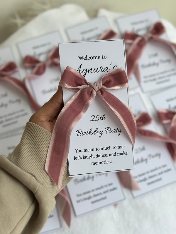 Velvet Bow Birthday Welcome Card — Personalised Guest Favour — Chocoodad Baku