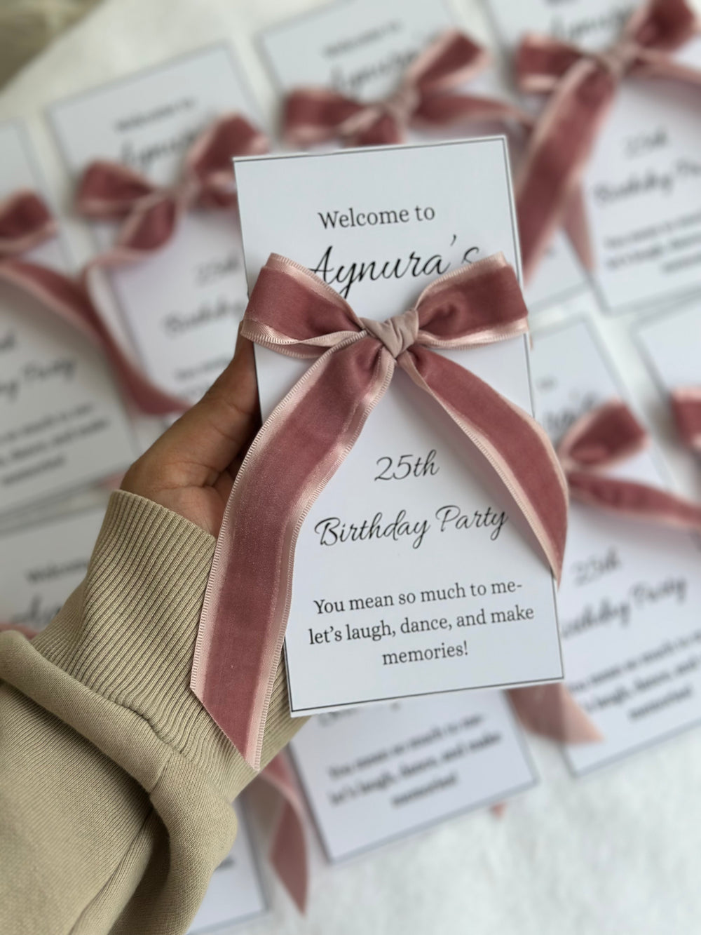 Velvet Bow Birthday Welcome Card — Personalised Guest Favour — Chocoodad Baku