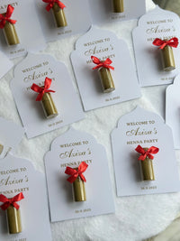 Henna Party Favour Card — Gold Henna Tube & Red Bow Gift — Chocoodad Baku
