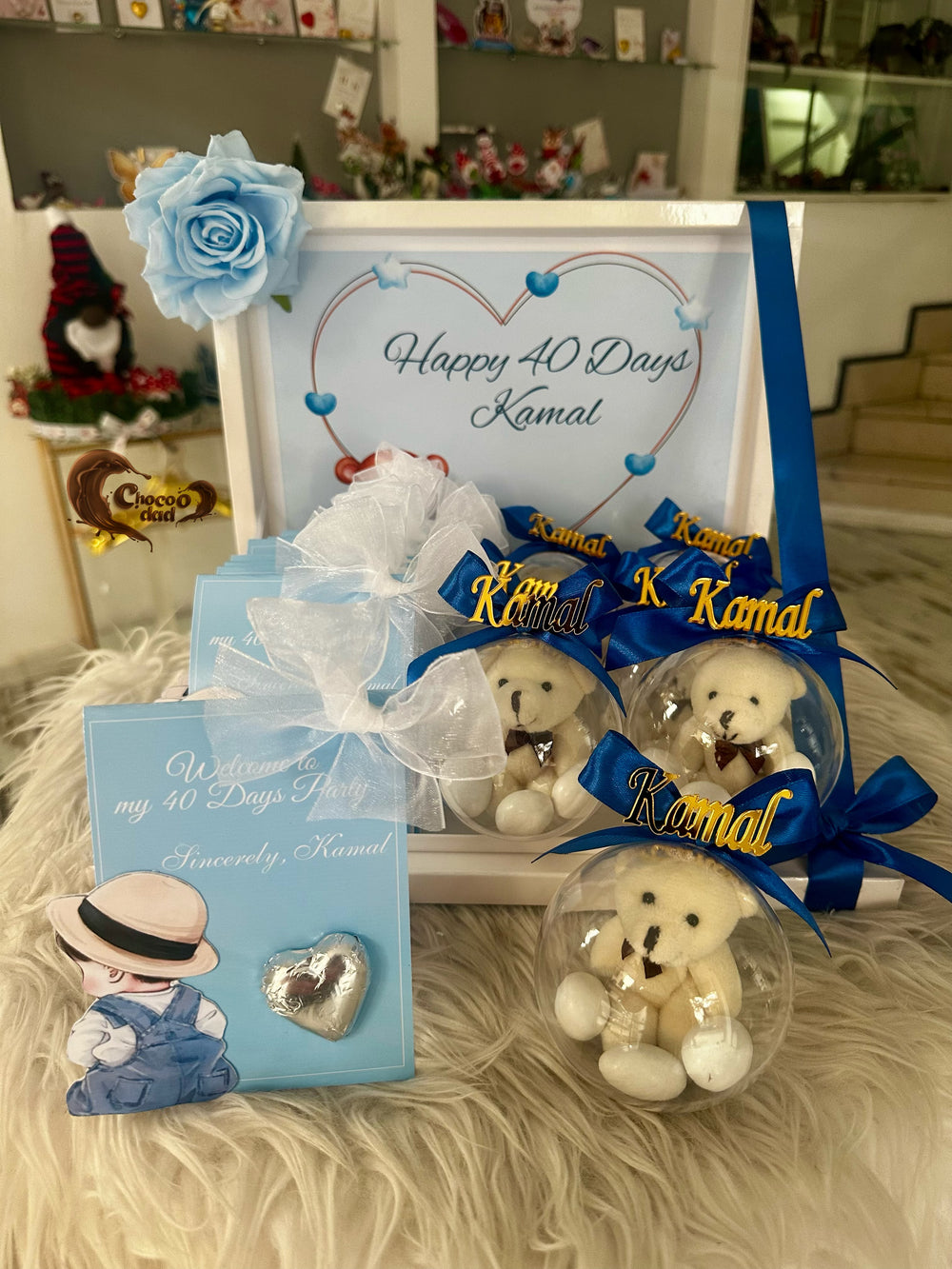 Blue Baby Boy 40 Days Gift Box — Teddy Bear & Chocolate Display Box (20 Chocolate Card + 5 Teddy Bear Rustic + Box) — Chocoodad Baku