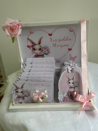 Pink Bunny Baby Girl Welcome Hamper — Bonbon & Chocolate Shadow Box — Chocoodad Baku