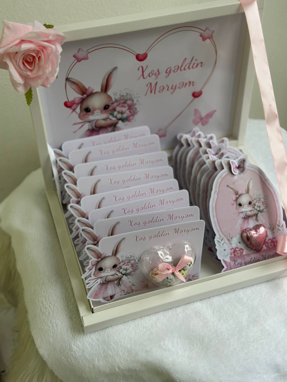 Pink Bunny Baby Girl Welcome Hamper — Bonbon & Chocolate Shadow Box — Chocoodad Baku