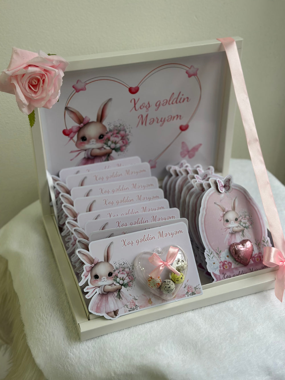 Pink Bunny Baby Girl Welcome Hamper — Bonbon & Chocolate Shadow Box — Chocoodad Baku