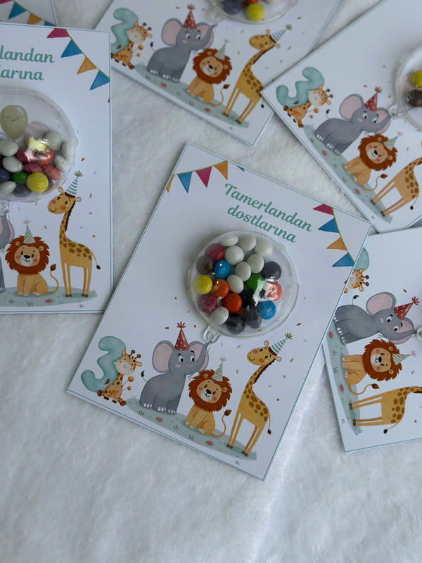 Safari Animal Birthday Favour Card — Colourful Dragee Bonbon Dome — Chocoodad Baku