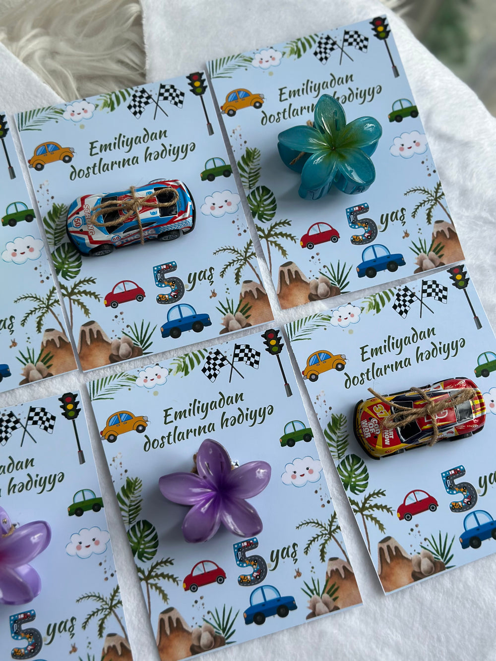 Racing Car & Flower Birthday Accessory Card — Car Toy & Hair Clip — Chocoodad Baku