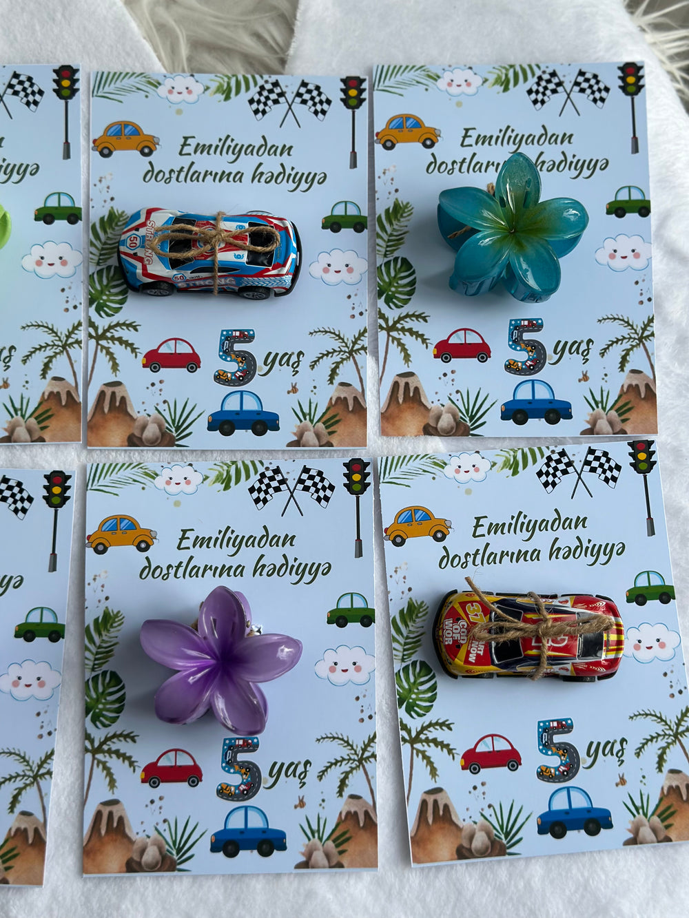 Racing Car & Flower Birthday Accessory Card — Car Toy & Hair Clip — Chocoodad Baku