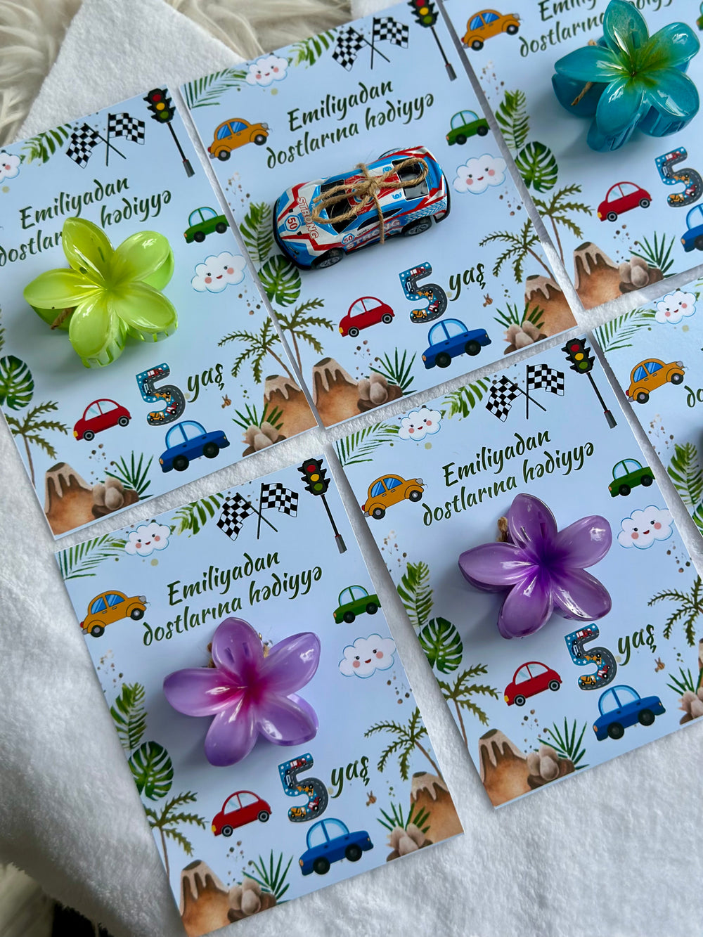 Racing Car & Flower Birthday Accessory Card — Car Toy & Hair Clip — Chocoodad Baku