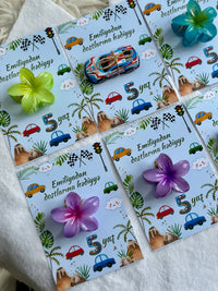 Racing Car & Flower Birthday Accessory Card — Car Toy & Hair Clip — Chocoodad Baku