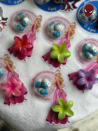 Barbie & Spiderman Birthday Favour Card — Flower Hair Clip & Bonbon — Chocoodad Baku
