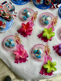 Barbie & Spiderman Birthday Favour Card — Flower Hair Clip & Bonbon — Chocoodad Baku