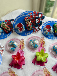Barbie & Spiderman Birthday Favour Card — Flower Hair Clip & Bonbon — Chocoodad Baku