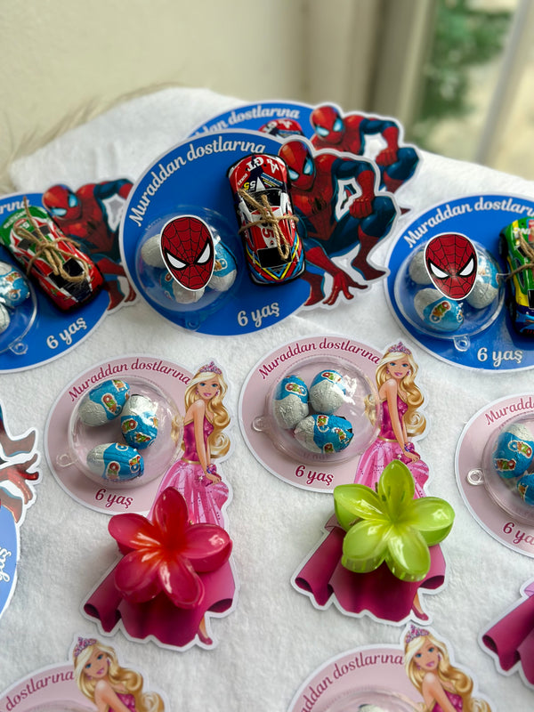 Barbie & Spiderman Birthday Favour Card — Flower Hair Clip & Bonbon — Chocoodad Baku