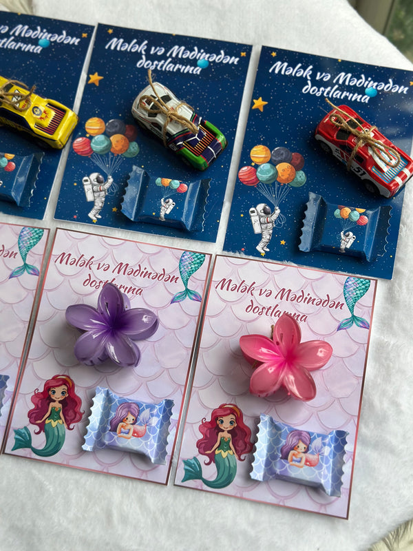 Little Mermaid & Space Birthday Accessory Card — Hair Clip & Car Toy — Chocoodad Baku
