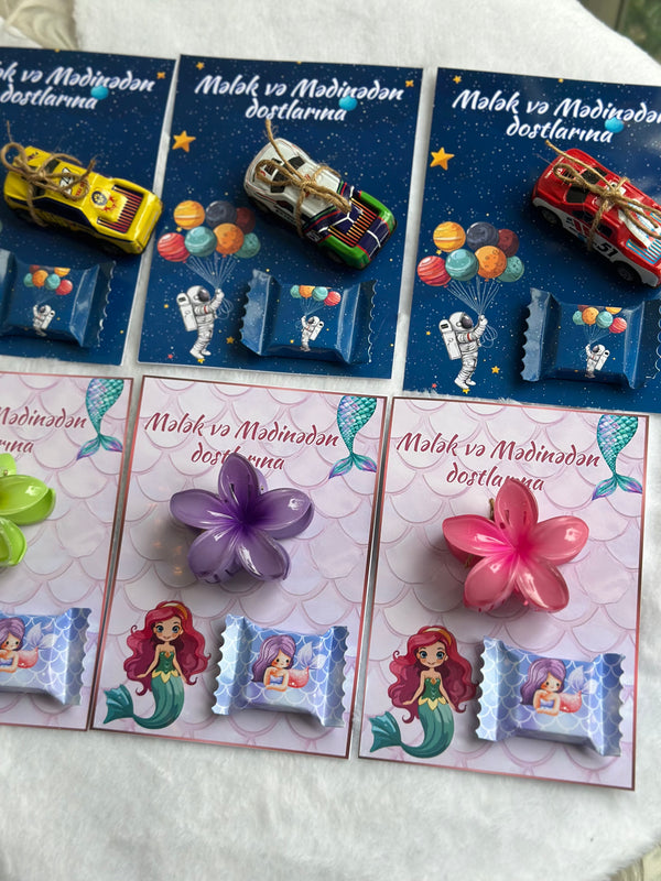 Little Mermaid & Space Birthday Accessory Card — Hair Clip & Car Toy — Chocoodad Baku