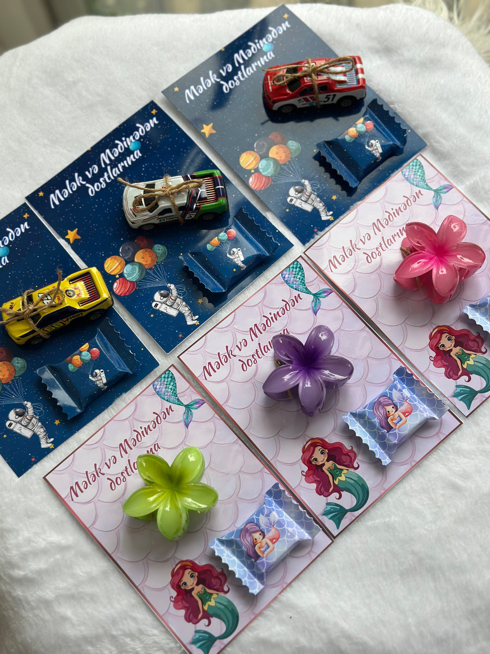 Little Mermaid & Space Birthday Accessory Card — Hair Clip & Car Toy — Chocoodad Baku