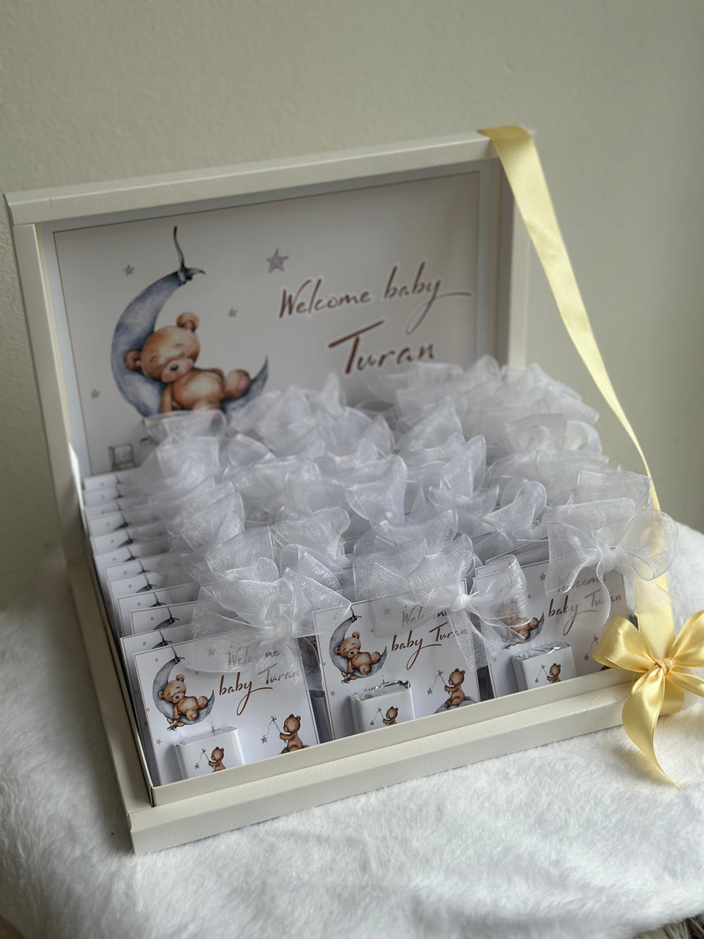 Teddy Bear Moon Shadow Box Newborn Gift — 24 Organza Chocolate Cards — Chocoodad Baku