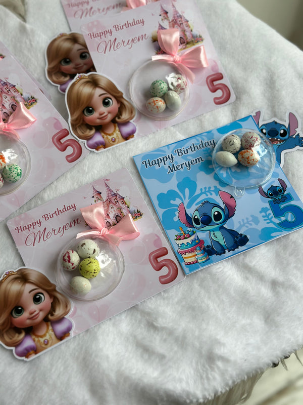 Rapunzel & Stitch Birthday Favour Card — Bonbon Dome Mixed Gift — Chocoodad Baku