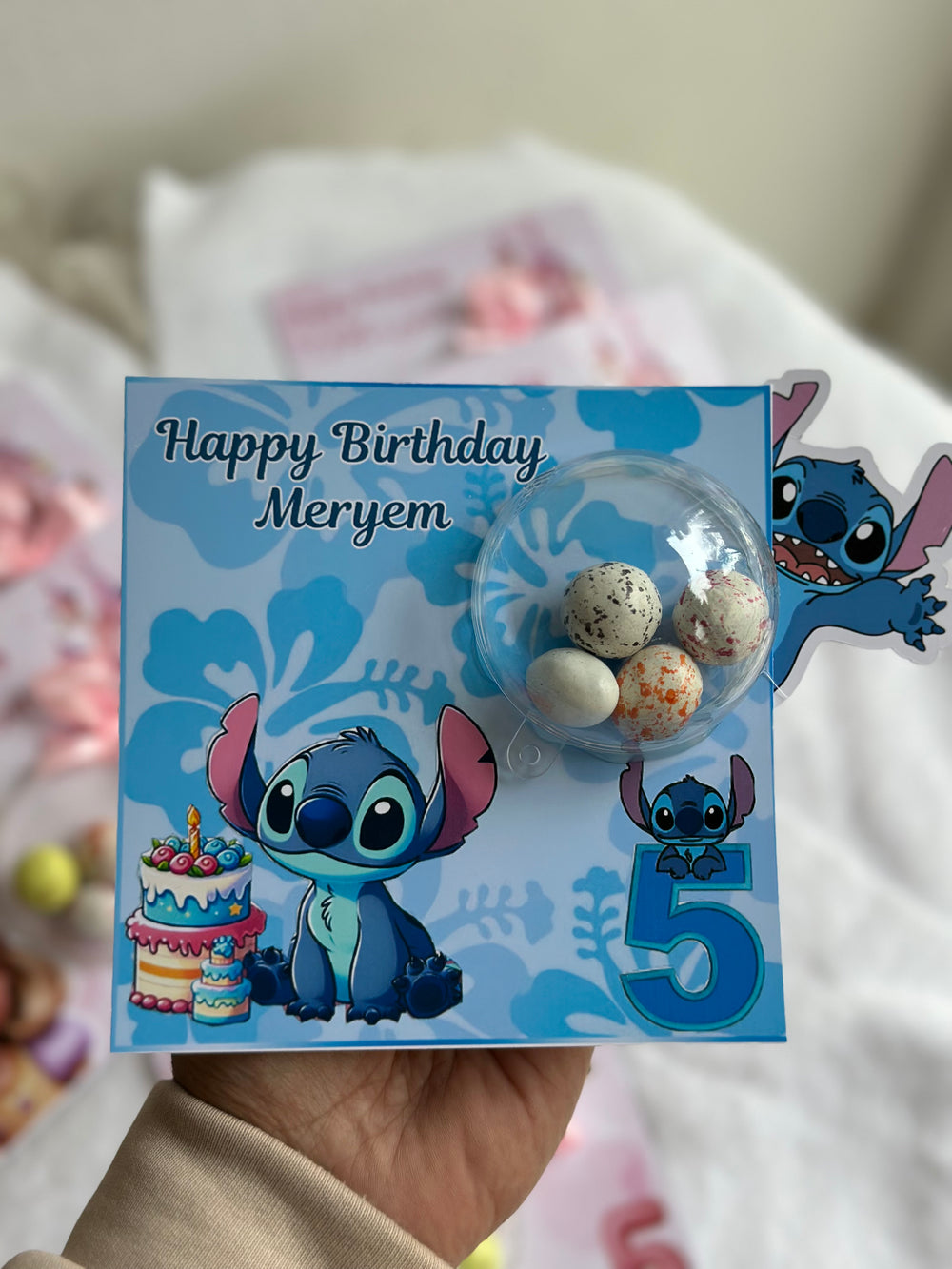 Rapunzel & Stitch Birthday Favour Card — Bonbon Dome Mixed Gift — Chocoodad Baku