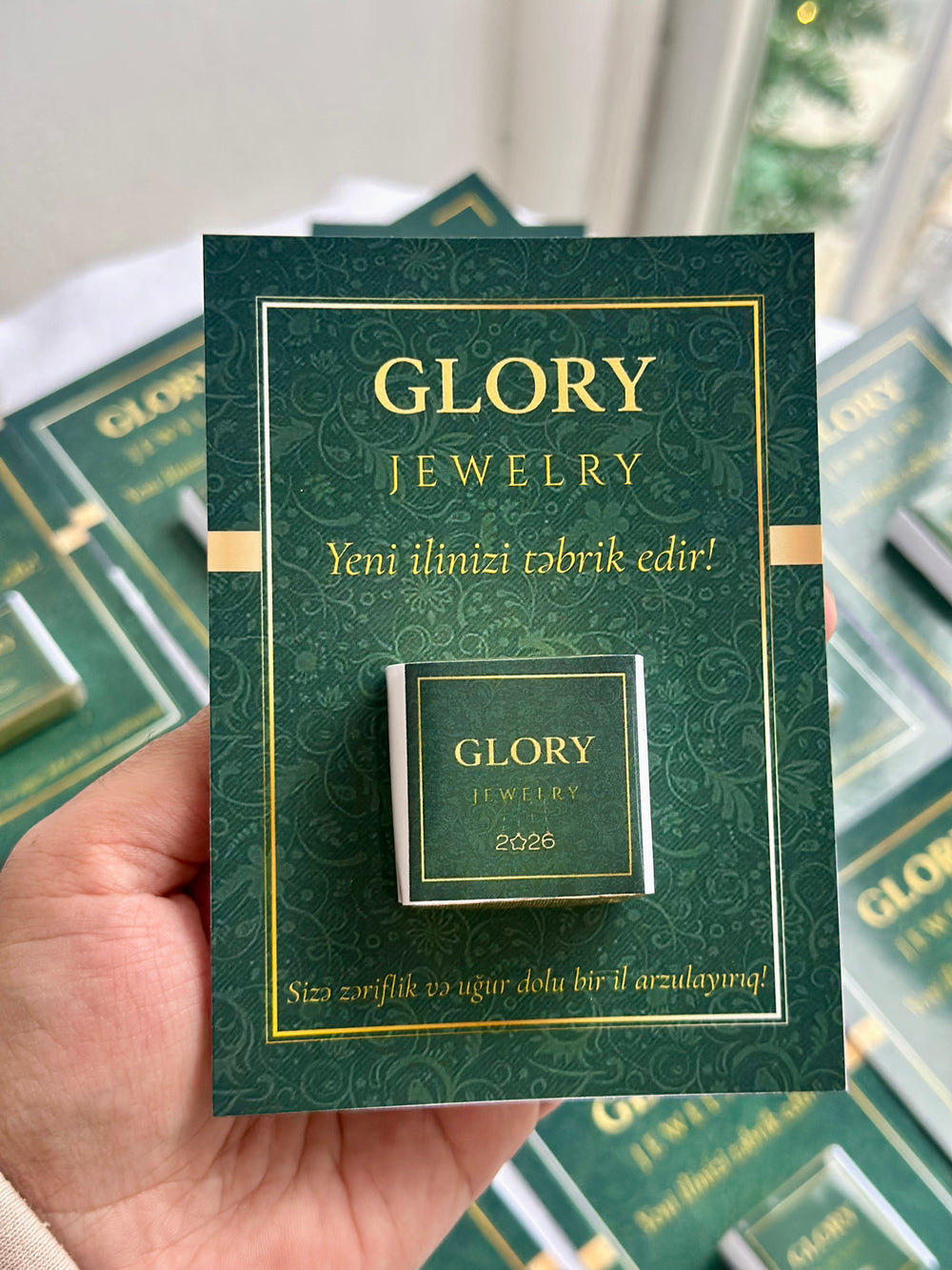 Luxury Brand Corporate Chocolate Card — Dark Green Gold Logo Gift — Chocoodad Baku