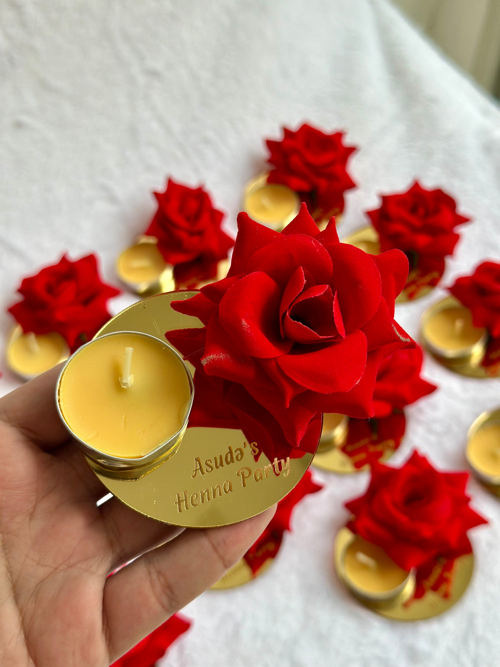 Red Rose Gold Henna Night Candle Favour — Personalised Party Candle Holder — Chocoodad Baku