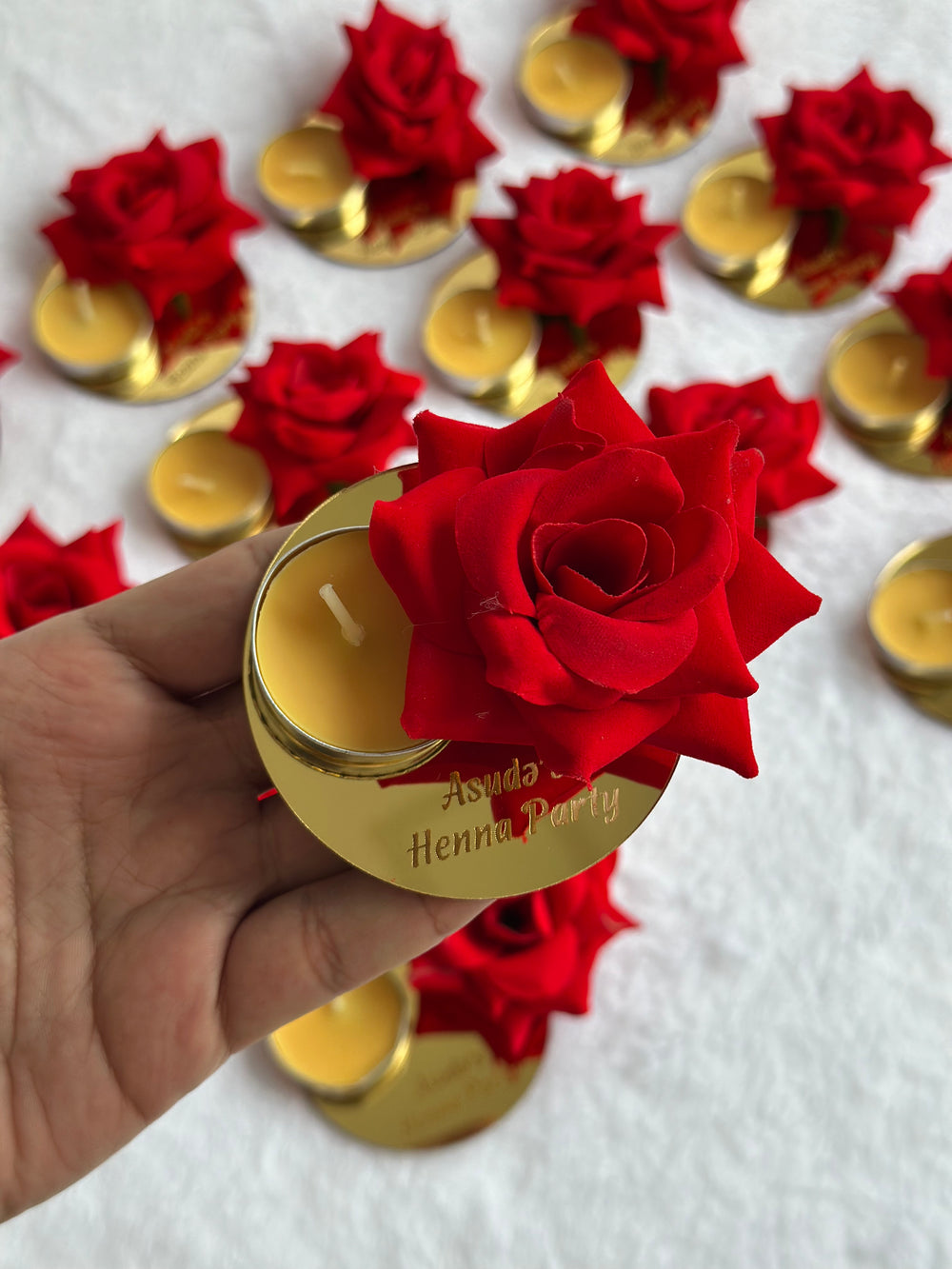Red Rose Gold Henna Night Candle Favour — Personalised Party Candle Holder — Chocoodad Baku