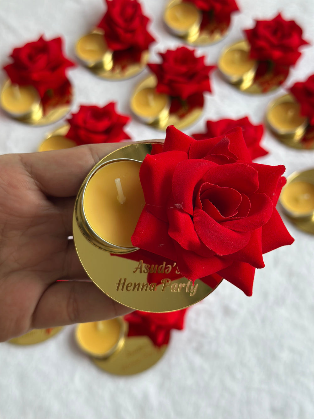 Red Rose Gold Henna Night Candle Favour — Personalised Party Candle Holder — Chocoodad Baku