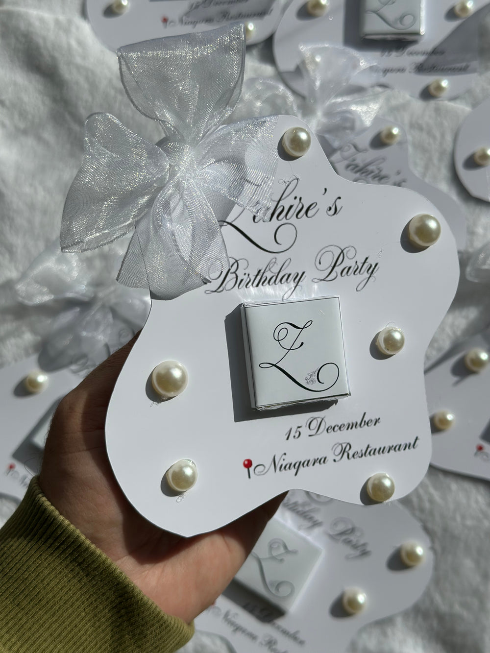 Pearl Monogram Birthday Chocolate Card — Organza Bow Milestone Gift — Chocoodad Baku