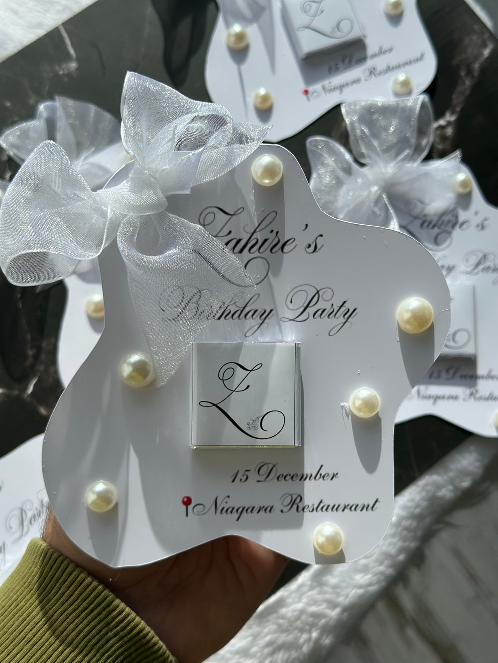 Pearl Monogram Birthday Chocolate Card — Organza Bow Milestone Gift — Chocoodad Baku