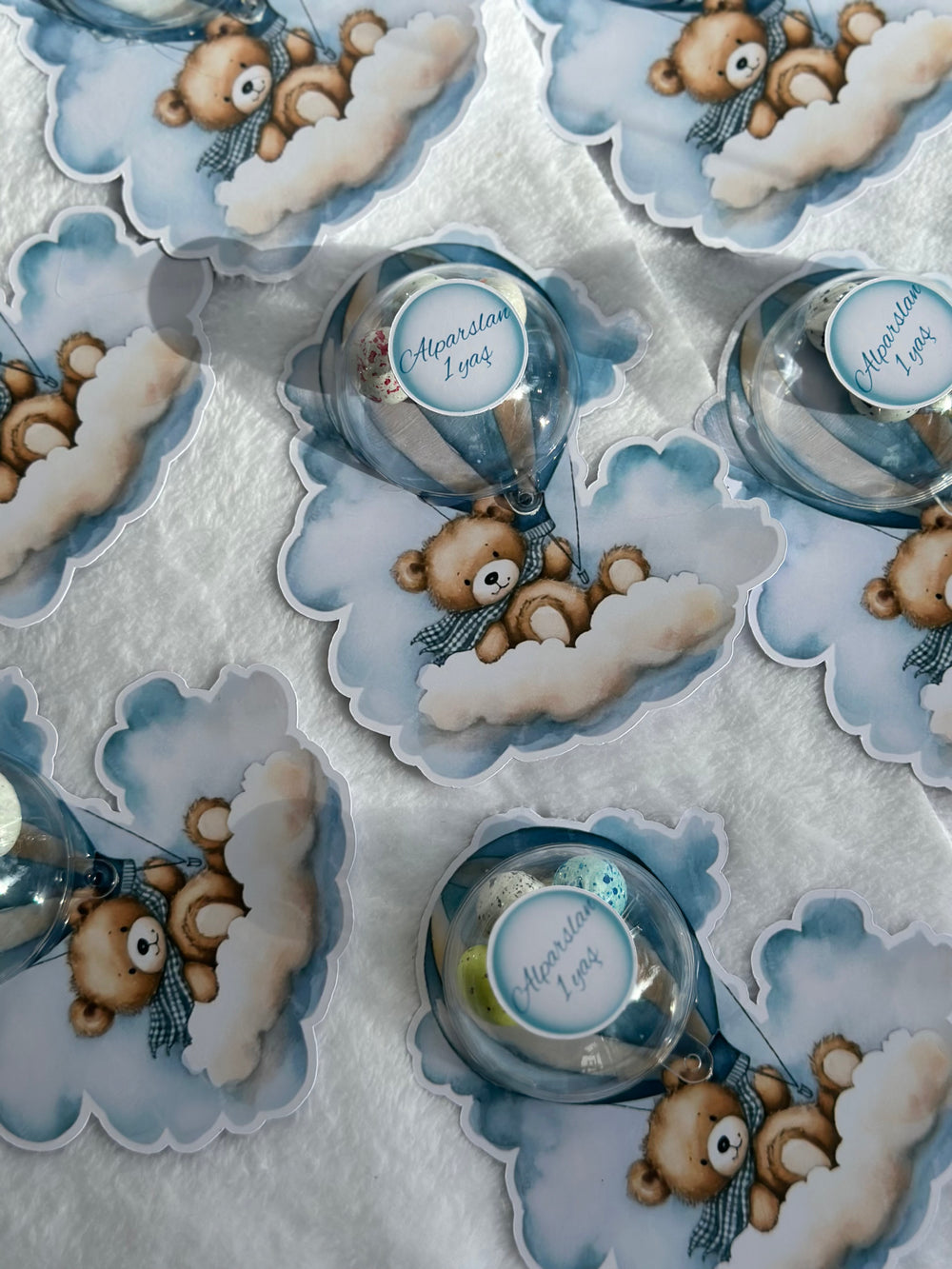 Teddy Bear Hot Air Balloon 1st Birthday Favour Card — Blue Bonbon Dome — Chocoodad Baku