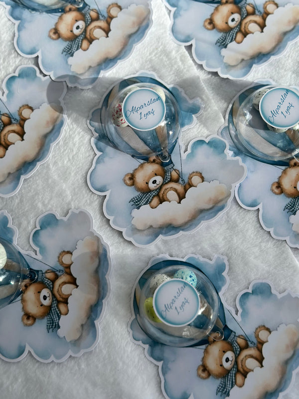 Teddy Bear Hot Air Balloon 1st Birthday Favour Card — Blue Bonbon Dome — Chocoodad Baku