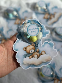 Teddy Bear Hot Air Balloon 1st Birthday Favour Card — Blue Bonbon Dome — Chocoodad Baku