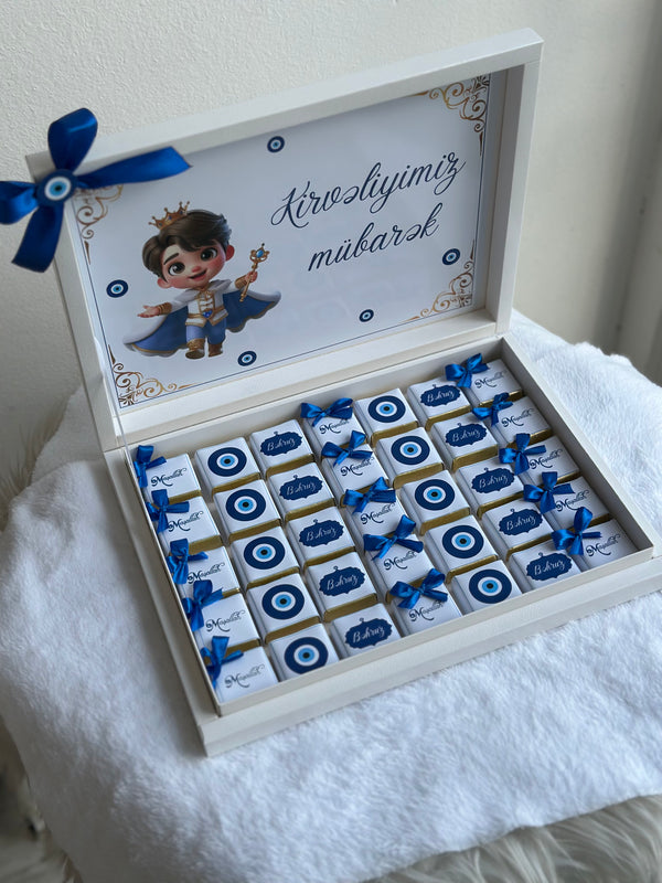 Evil Eye Circumcision Chocolate Shadow Box — Blue Nazar Prince Gift (30 chocolate & box) — Chocoodad Baku