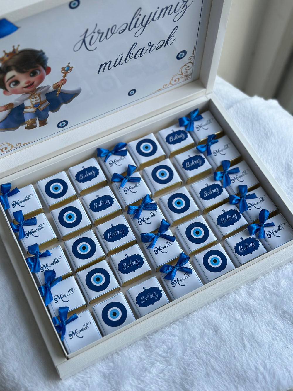 Evil Eye Circumcision Chocolate Shadow Box — Blue Nazar Prince Gift (30 chocolate & box) — Chocoodad Baku